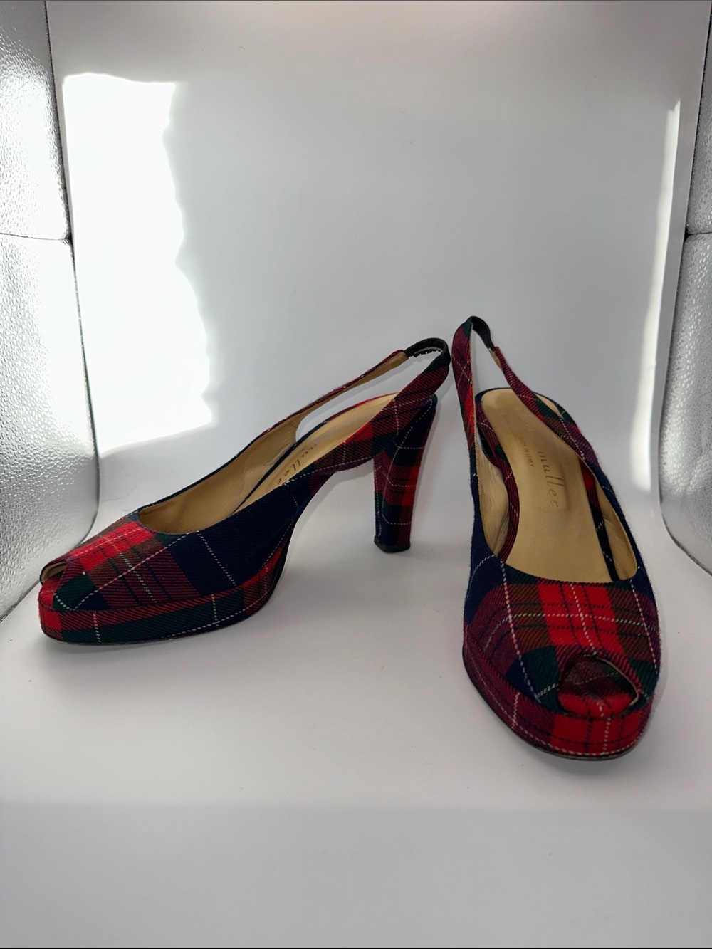 bettye muller Red & Navy Plaid Slingback Peep-Toe Heels